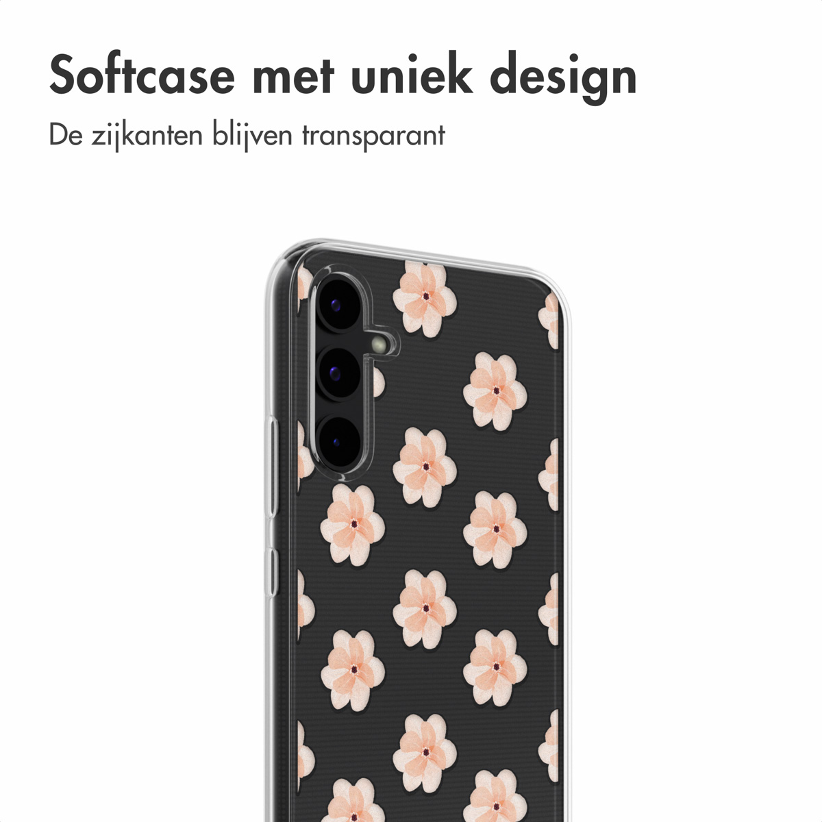 Telefoonhoesje met bloemenpatroon op zwarte achtergrond. De hoes is transparant.