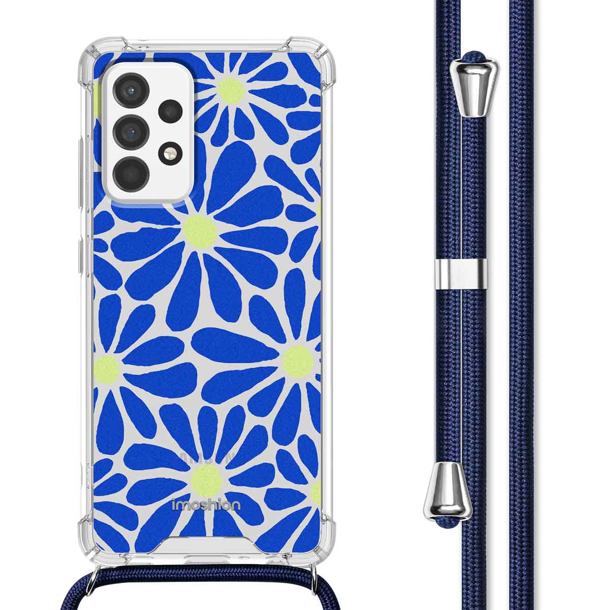 Coque de téléphone transparente avec motif de fleurs bleues, avec un cordon bleu foncé.
