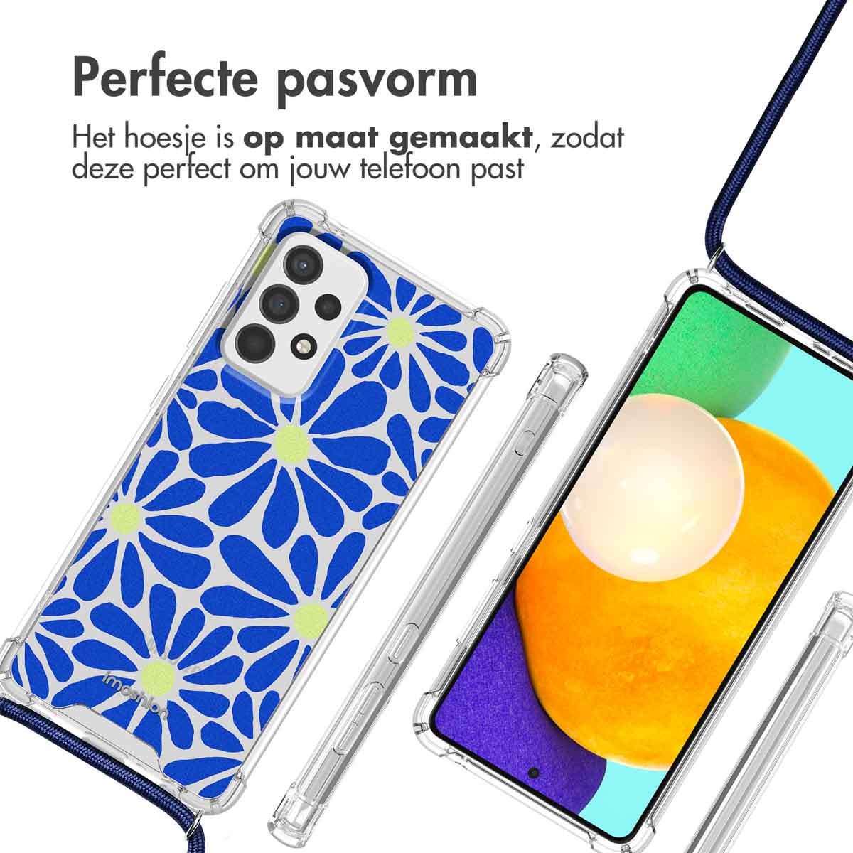Deux étuis de téléphone. Un avec un motif floral bleu, l'autre avec un téléphone et une sangle rose.