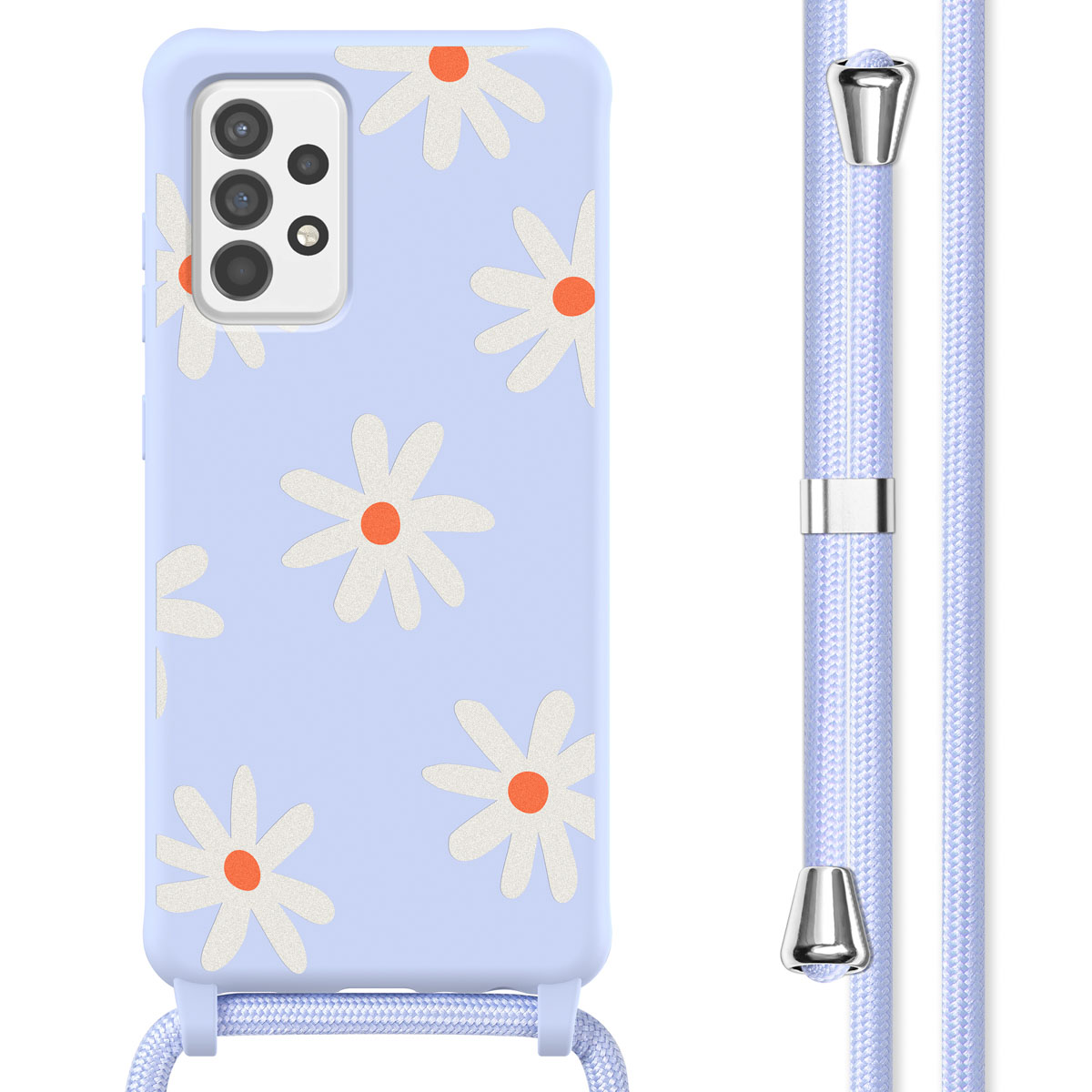 Coque de téléphone bleu clair avec motif marguerite et cordon assorti.