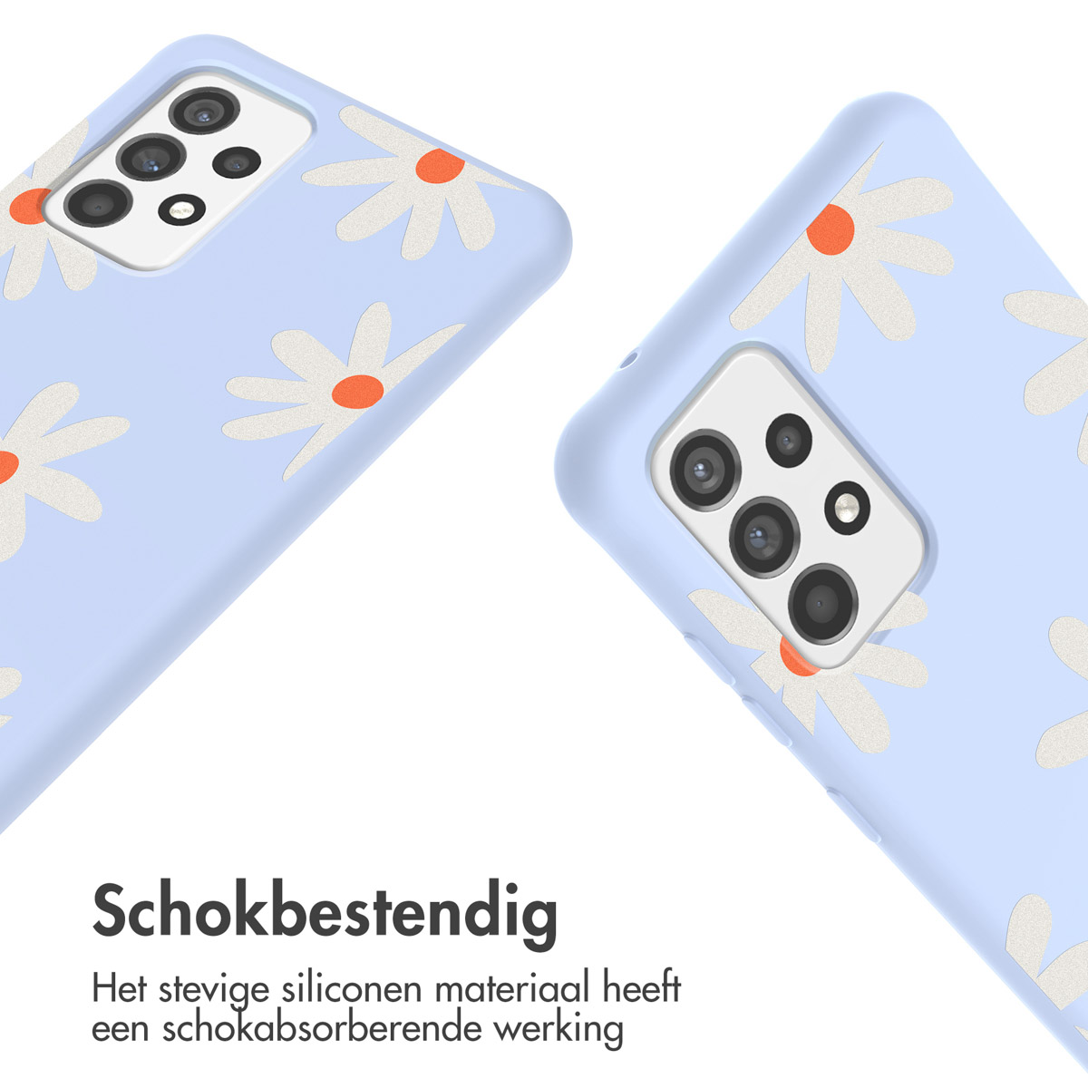 Deux coques de téléphone bleu clair avec des motifs de fleurs de marguerite blanches, inclinées l'une contre l'autre.