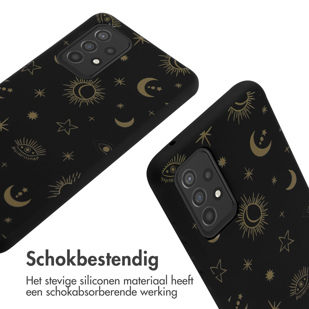 Étui de téléphone noir, étoiles et lunes dorées, vue en angle.