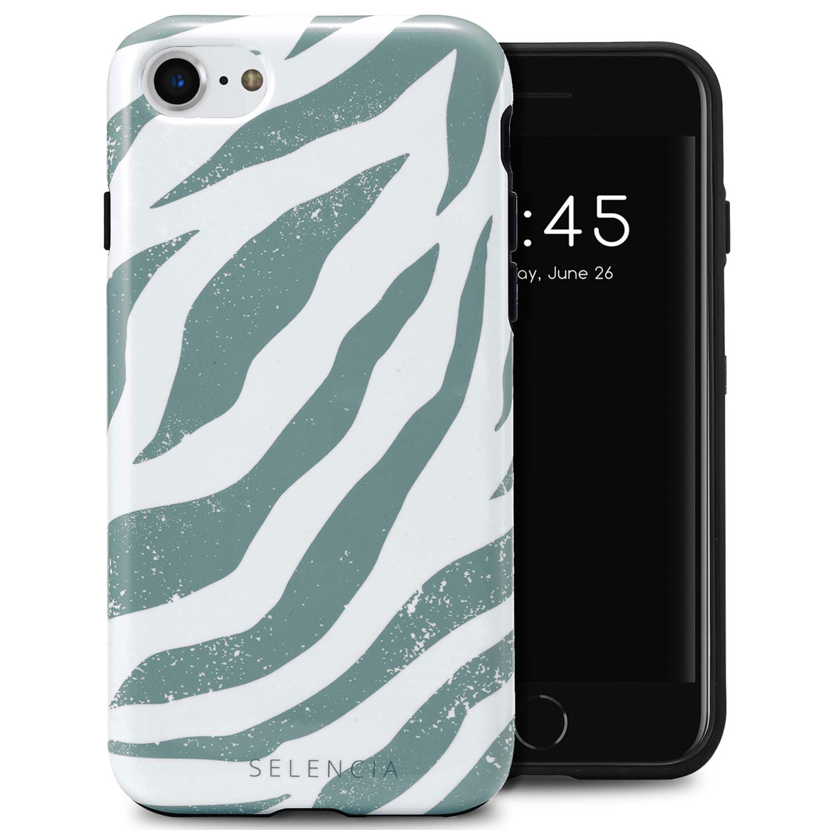 Zwarte telefoon met witte zebra-gestreepte hoes. De tijd wordt weergegeven op het zwarte scherm. Selencia is geschreven.