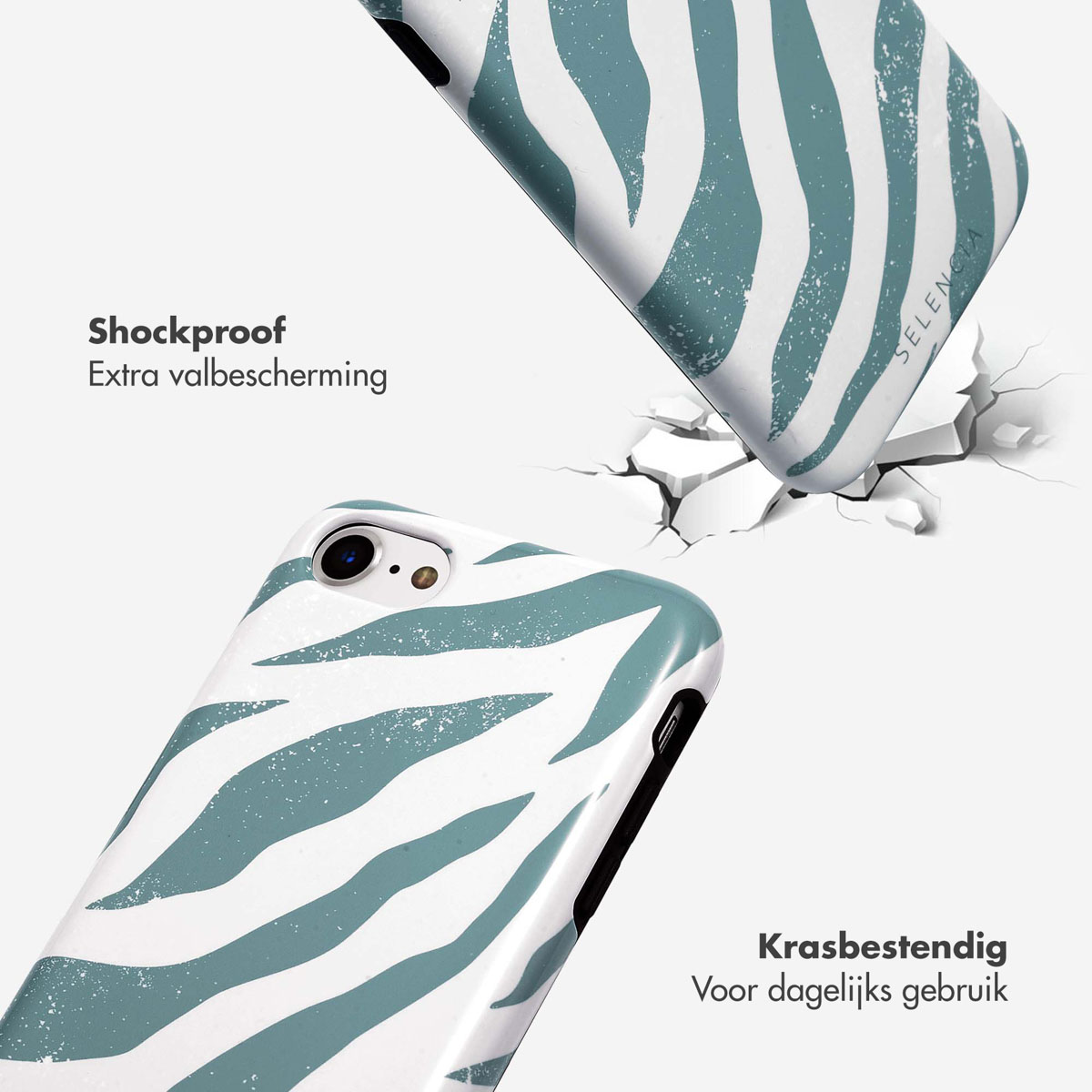 Wit en blauw telefoonhoesje, met een zebraprint ontwerp. Het hoesje valt, met scheuren.