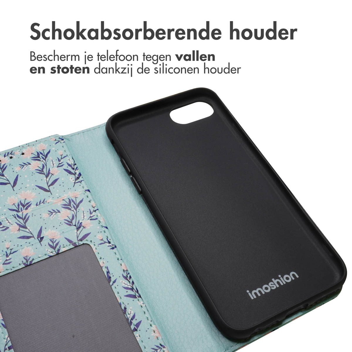 Zwarte telefoonhoes en open bloemenhoes. Tekst: schokabsorberende houder. Beschermt tegen vallen en stoten.
