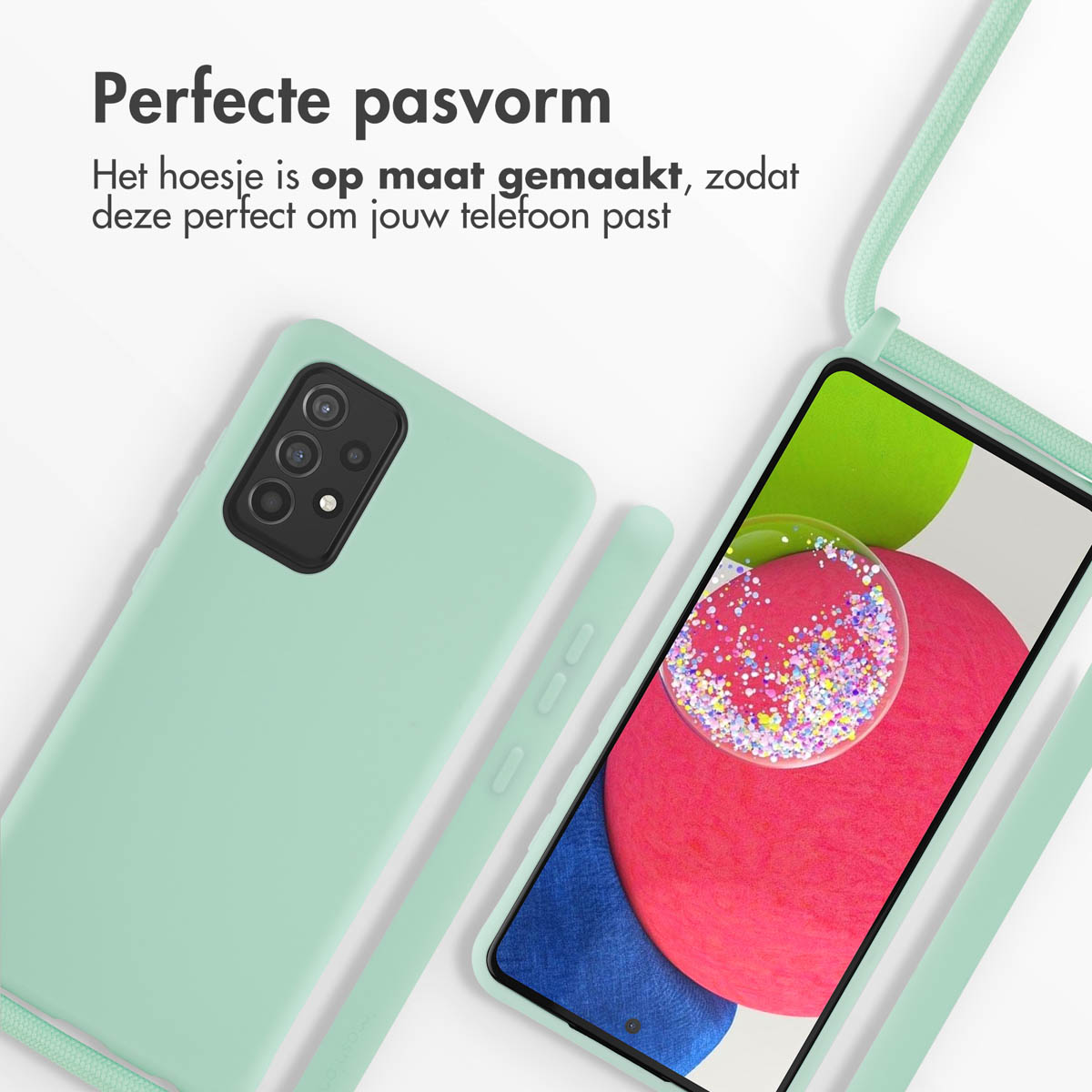 Coque de téléphone vert menthe avec téléphone et cordon. L'écran du téléphone affiche des confettis.