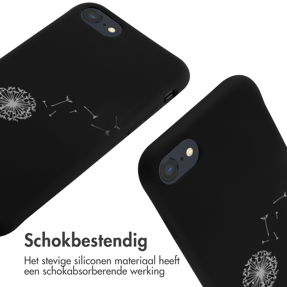 Zwarte telefoonhoesjes met paardenbloemontwerp. Witte achtergrond.