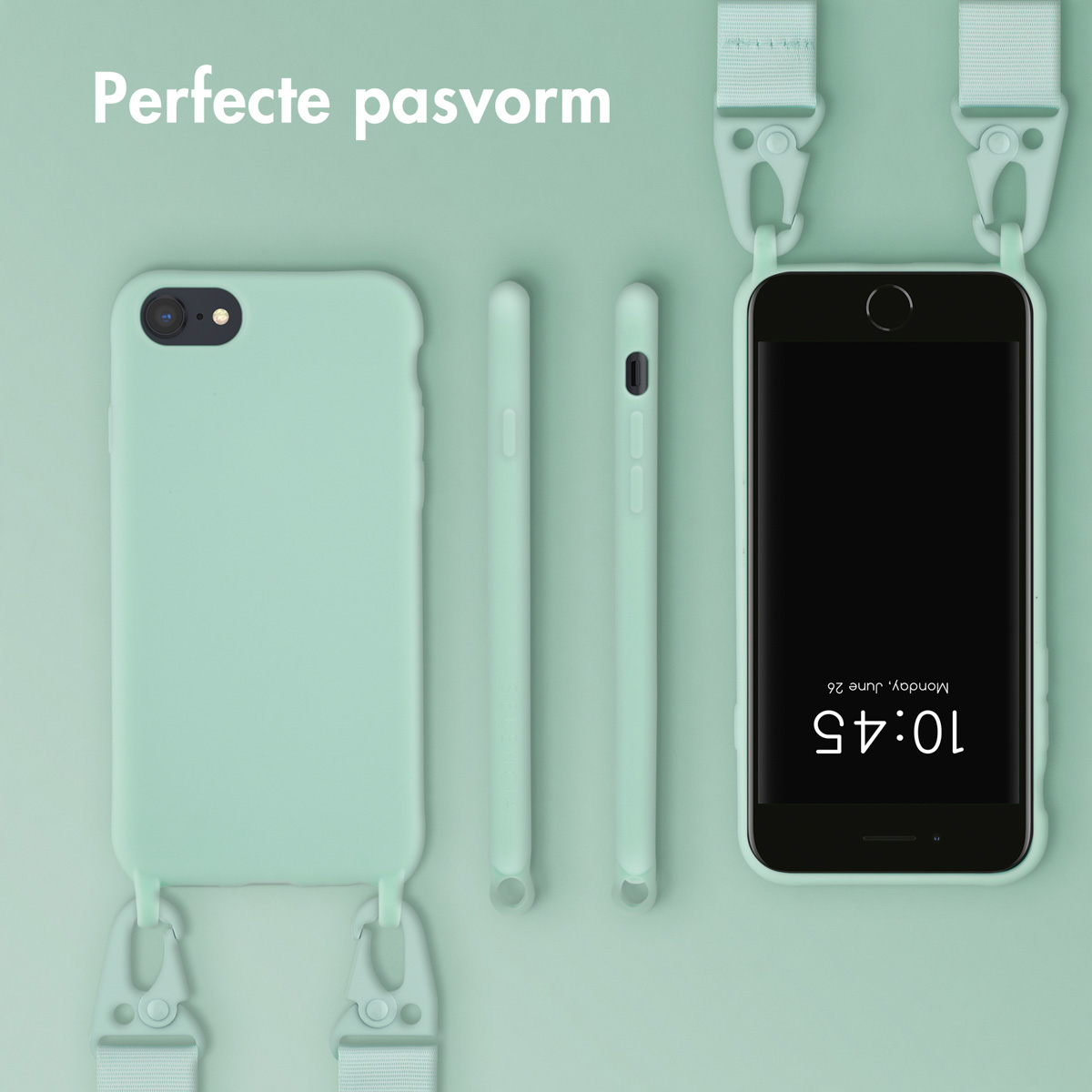 Groene telefoonhoes met bandje, met telefoon met klok. De hoes heeft een bandje.