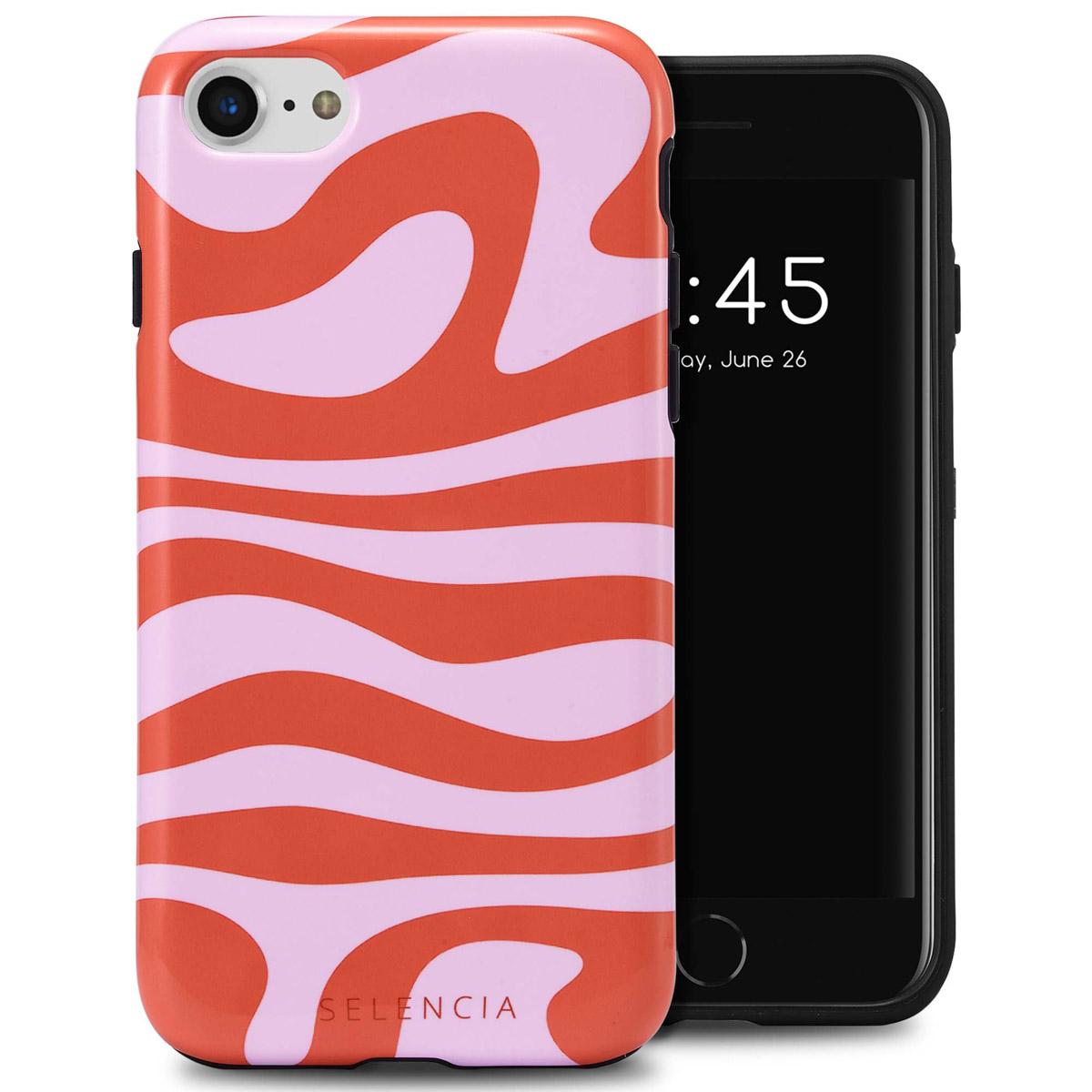 Telefoon met roze en oranje golvende patroonhoes. Zwarte telefoon rechts.