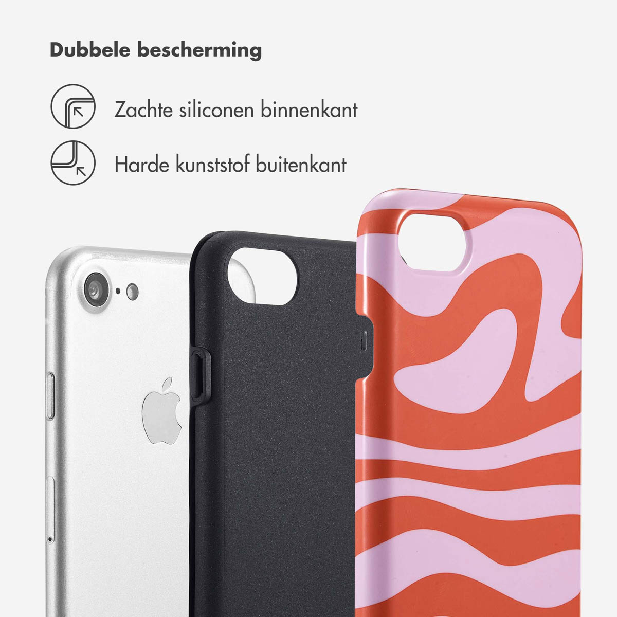 Drie telefoonhoesjes: zilver, zwart en een roze en oranje wervel.