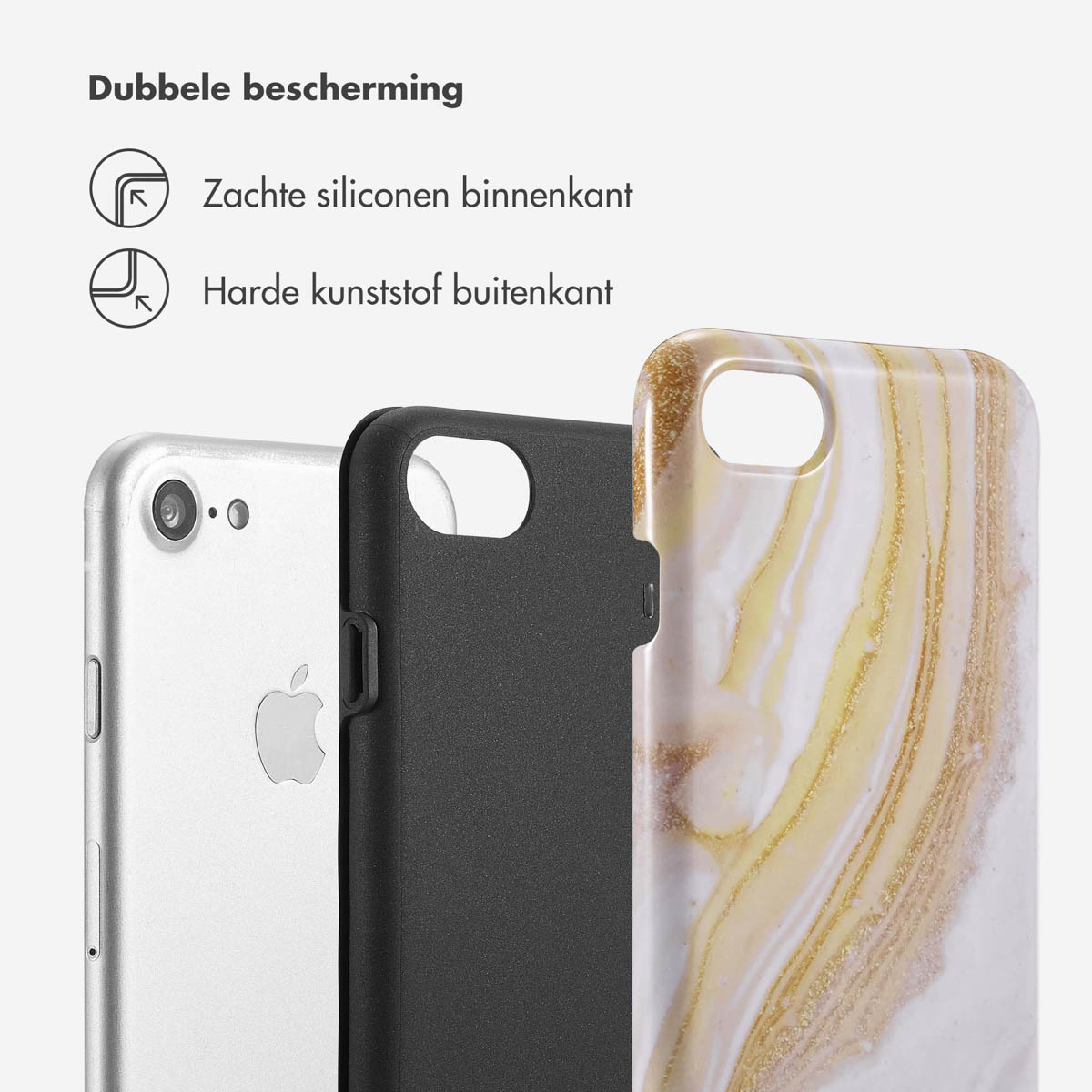 Drie telefoonhoesjes: zilveren telefoon, zwarte hoes en een gouden marmeren hoes.