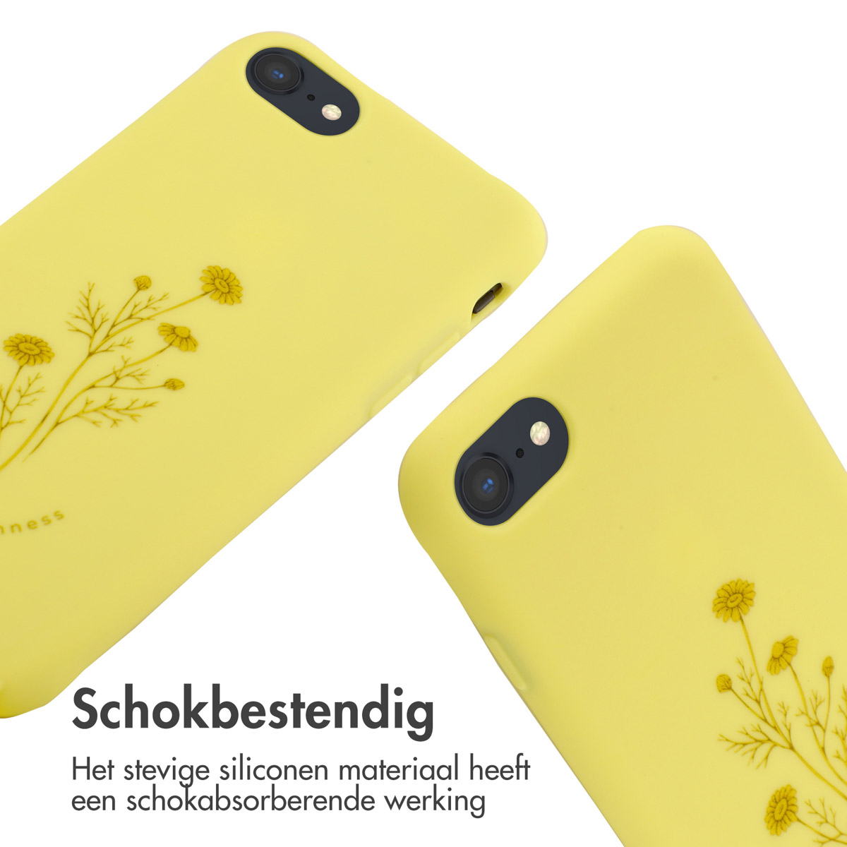 Twee gele telefoonhoesjes met madeliefontwerp. Tekst: Schokbestendig. Het siliconen materiaal heeft schokabsorptie.