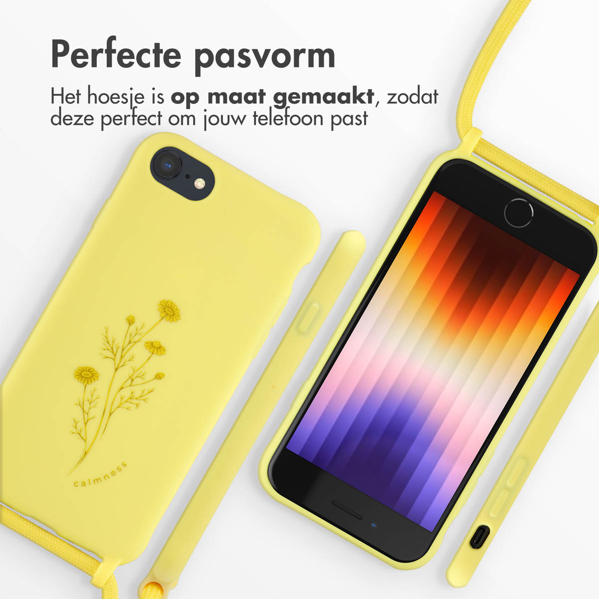 Gele telefoonhoes met een bloemenontwerp en een gele band. Er zit een telefoon in.