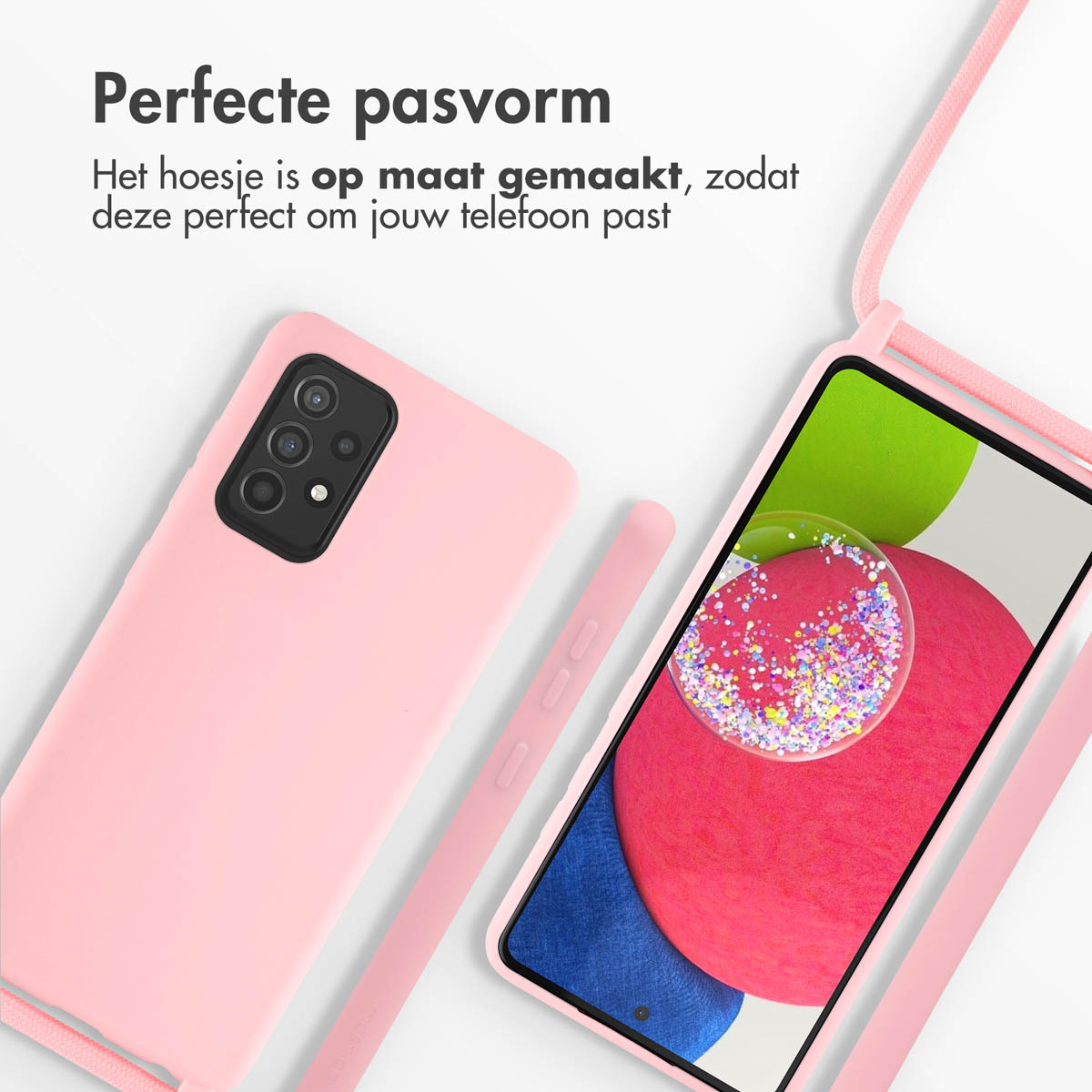 Téléphone rose et coque de téléphone. Texte: Ajustement parfait. La coque est sur mesure, elle s'adapte parfaitement.