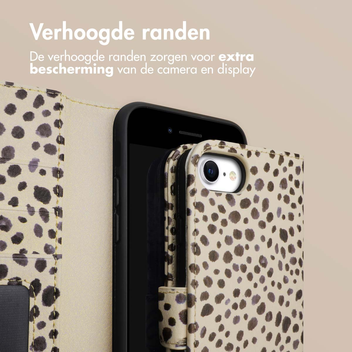 Telefoon in een hoesje met bruine vlekken. Tekst zegt 'Verhoogde randen'.