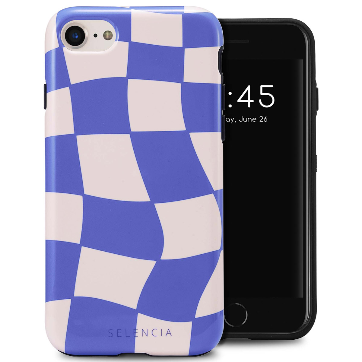 Telefon in einer blau-weiß karierten Hülle. Der Telefonbildschirm ist schwarz. Der Hintergrund ist schlicht.