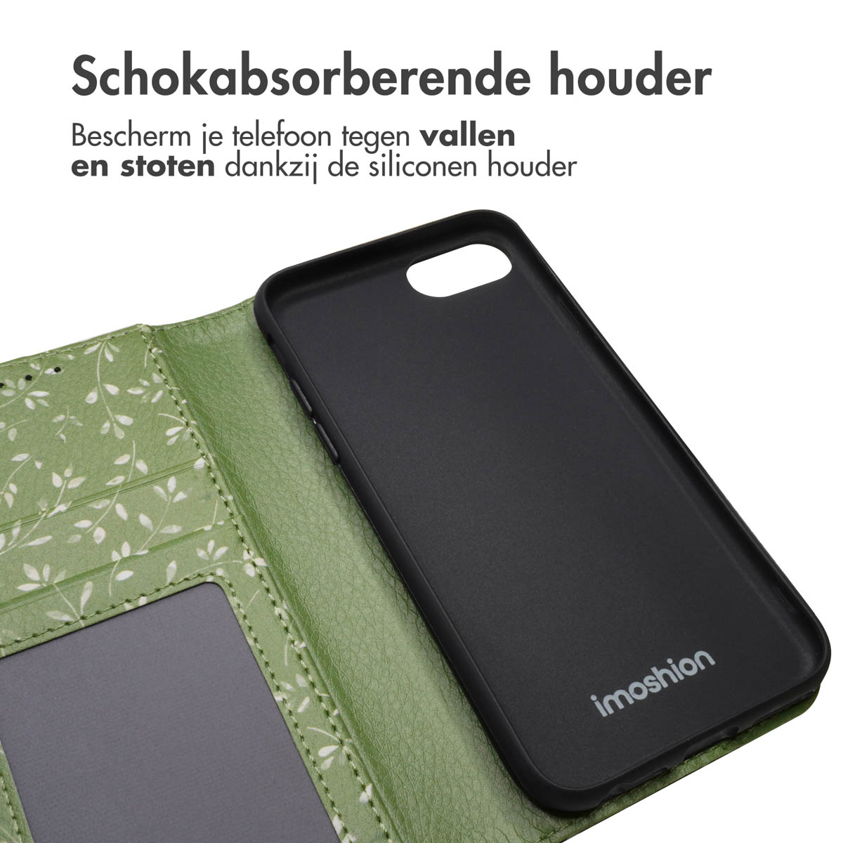 Zwarte telefoonhoes en groene bloemenhoes open. Tekst: schokabsorberende houder. Beschermt tegen vallen en stoten.