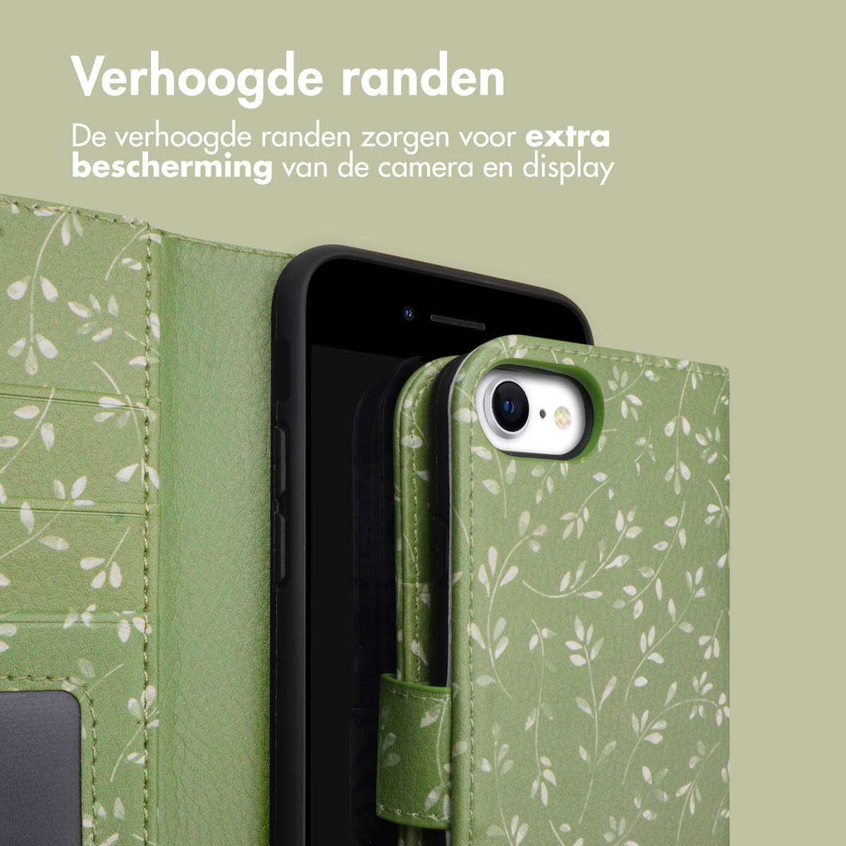 Close-up van een telefoon in een groene portemonneehoes met bloemenpatroon, met verhoogde randen.