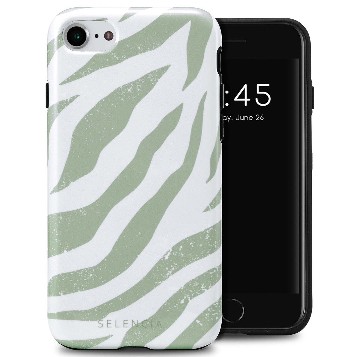 Witte telefoonhoes met groen zebrapatroon, met een telefoon met klok.