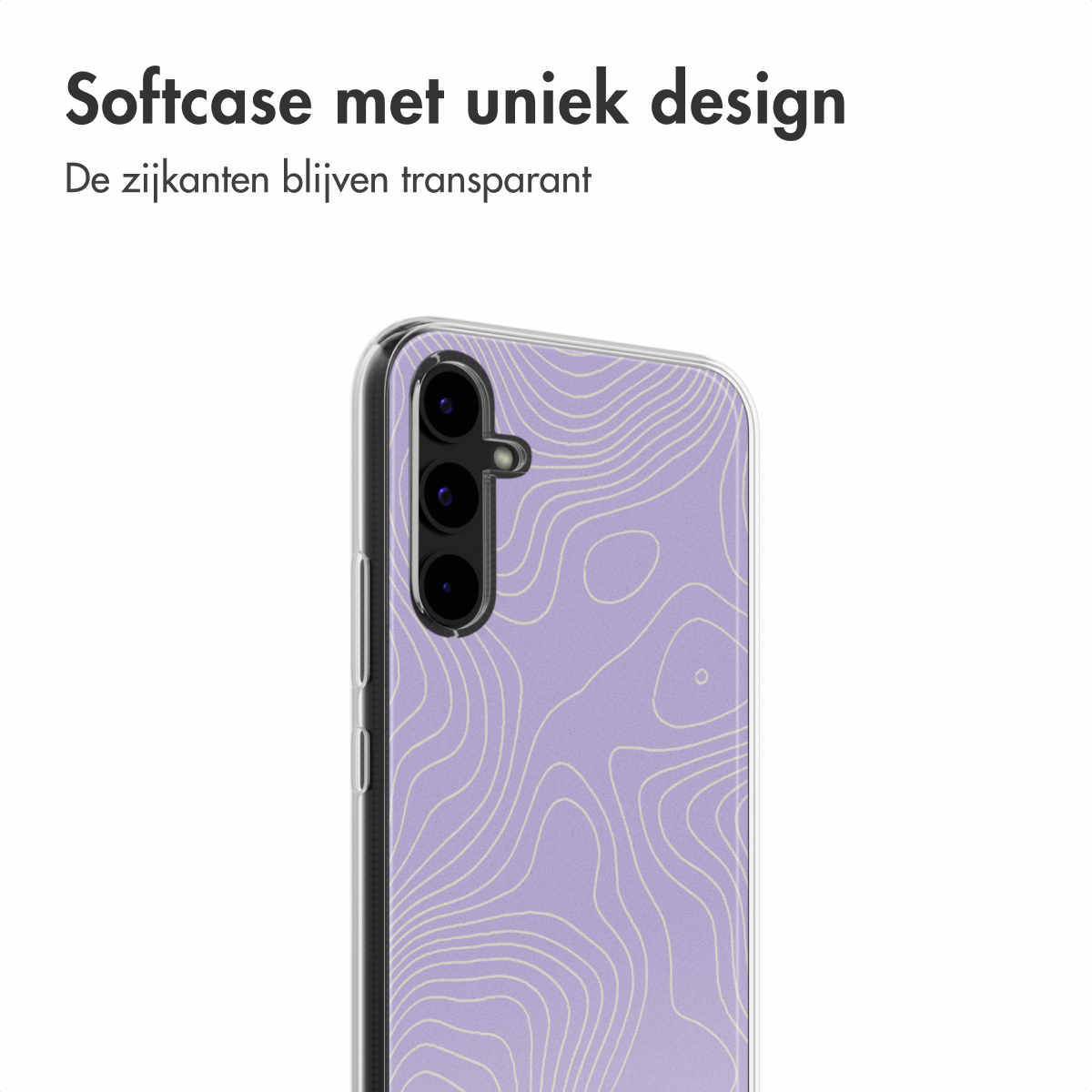 Un telefono in una custodia trasparente con un motivo a onde viola.