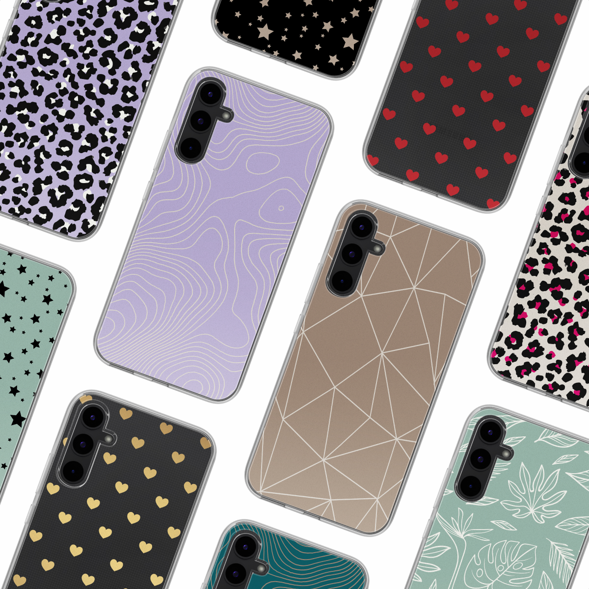 Custodie per telefoni con vari motivi: leopardo, stelle, cuori e disegni geometrici.
