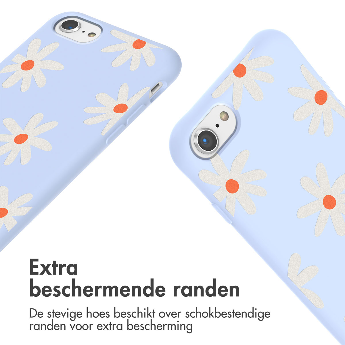 Twee telefoons in lichtblauwe hoesjes met madeliefpatronen.
