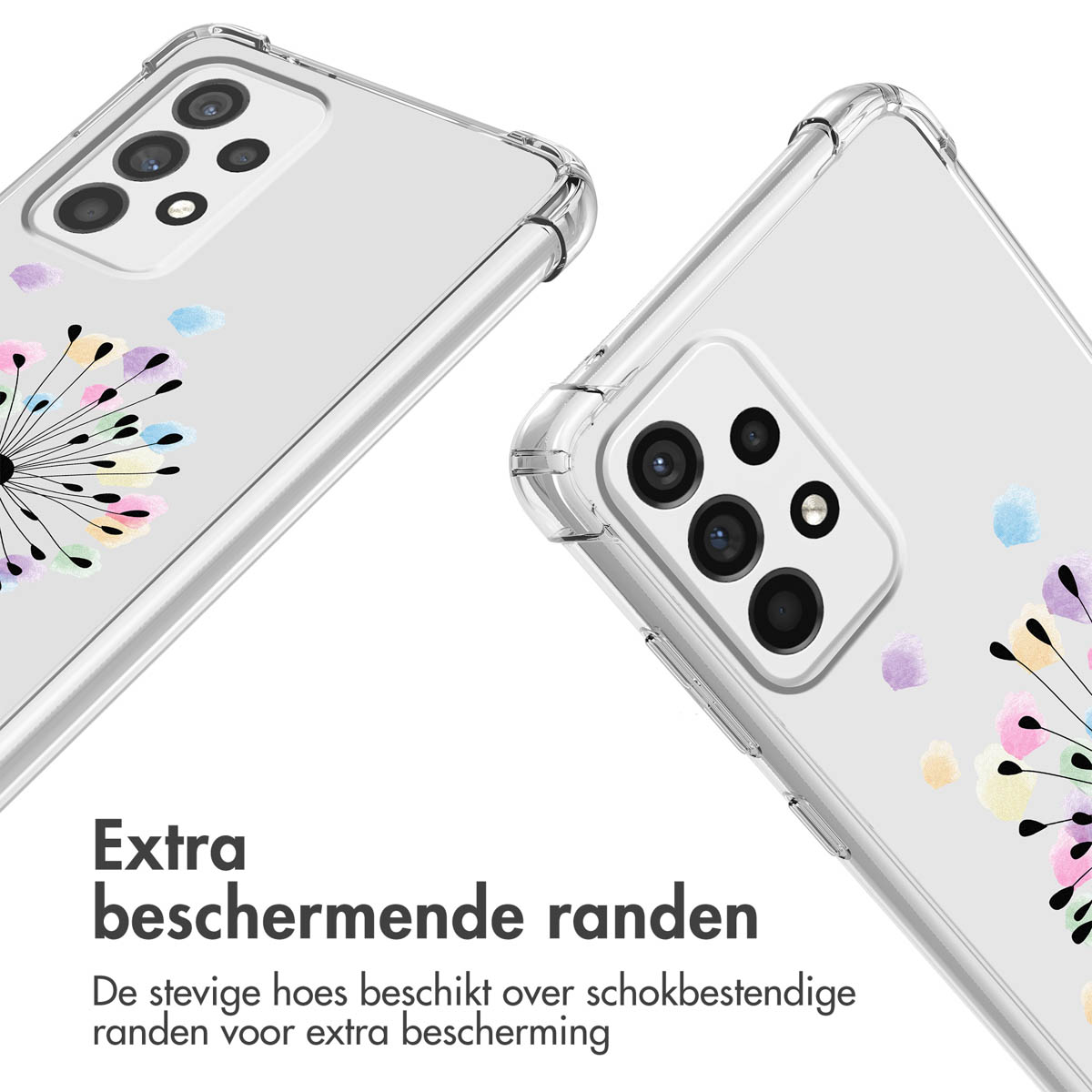 Deux coques de téléphone transparentes avec un motif de pissenlit coloré. Le texte dit 'Bords de protection supplémentaires'.