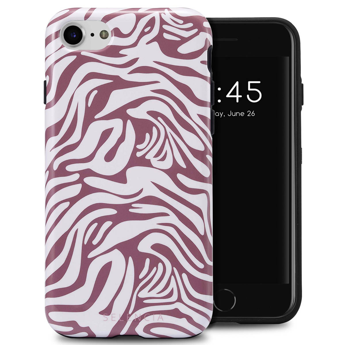Telefoon in een hoesje. Wit en paars zebra-ontwerp. Zwarte telefoon met tijd.