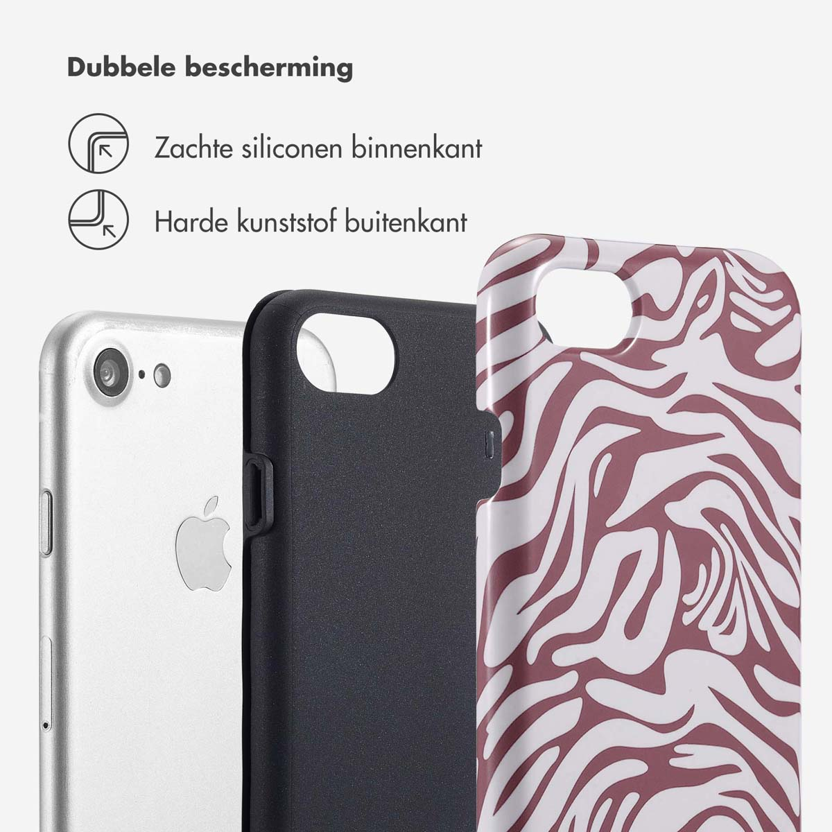 Drie telefoonhoesjes: zilver, zwart en zebraprint. Tekst: 'Dubbele bescherming'.
