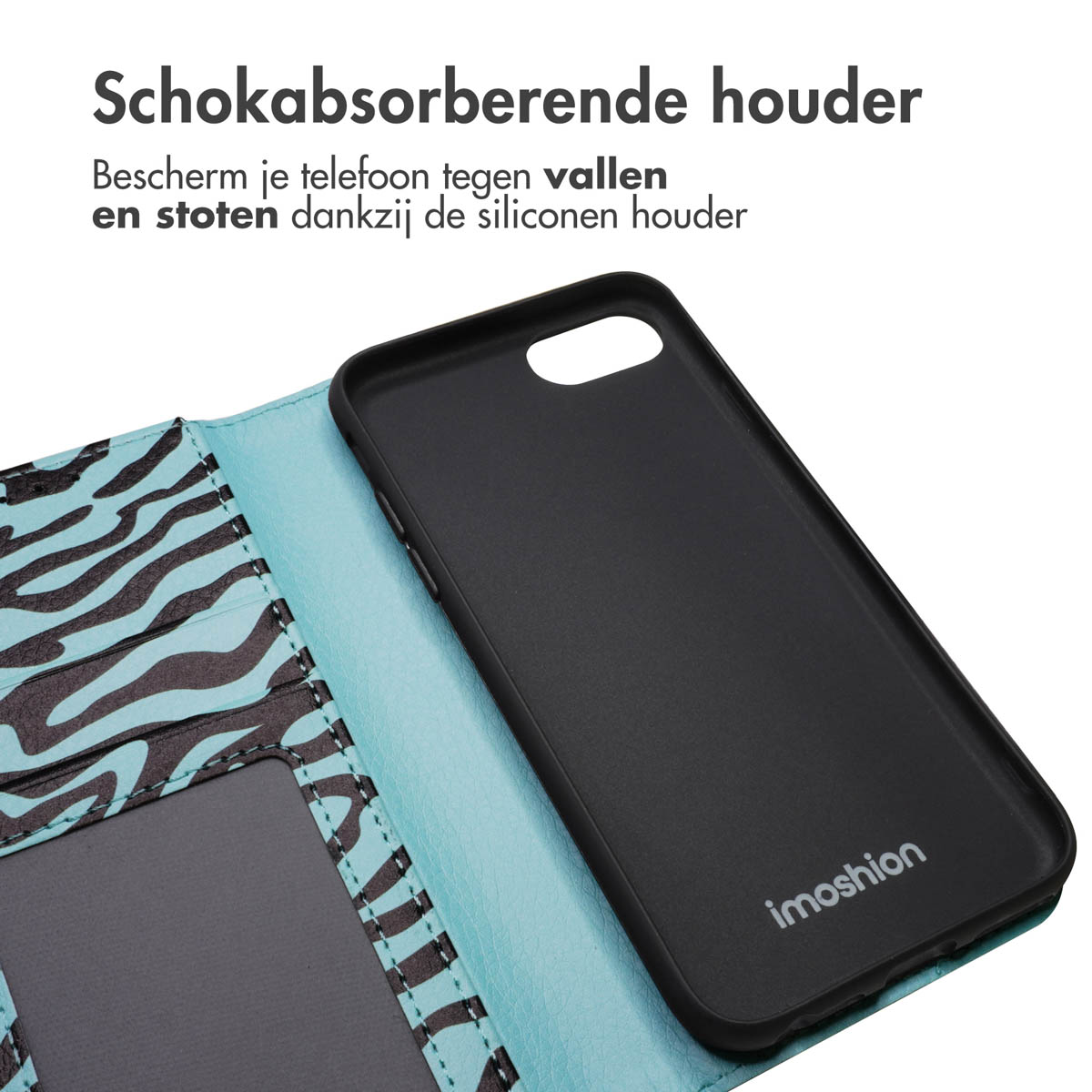 Zwarte telefoonhoes geopend met een zebra-gestreept ontwerp en een zwarte telefoon erin. Tekst zegt 'Schokabsorberende houder'.