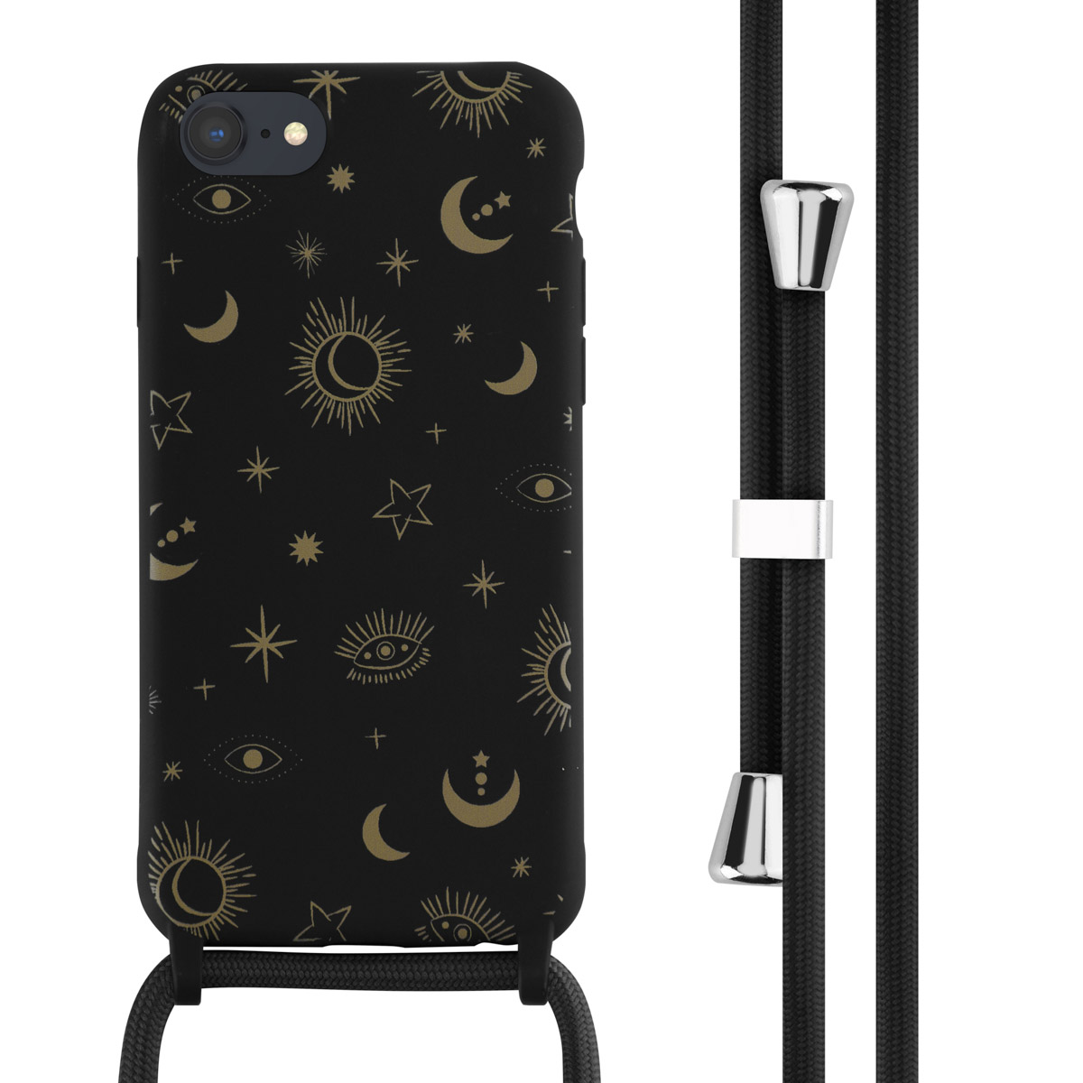 Zwarte telefoonhoes met een band. De telefoon heeft gouden hemelse patronen. Achtergrond is wit.