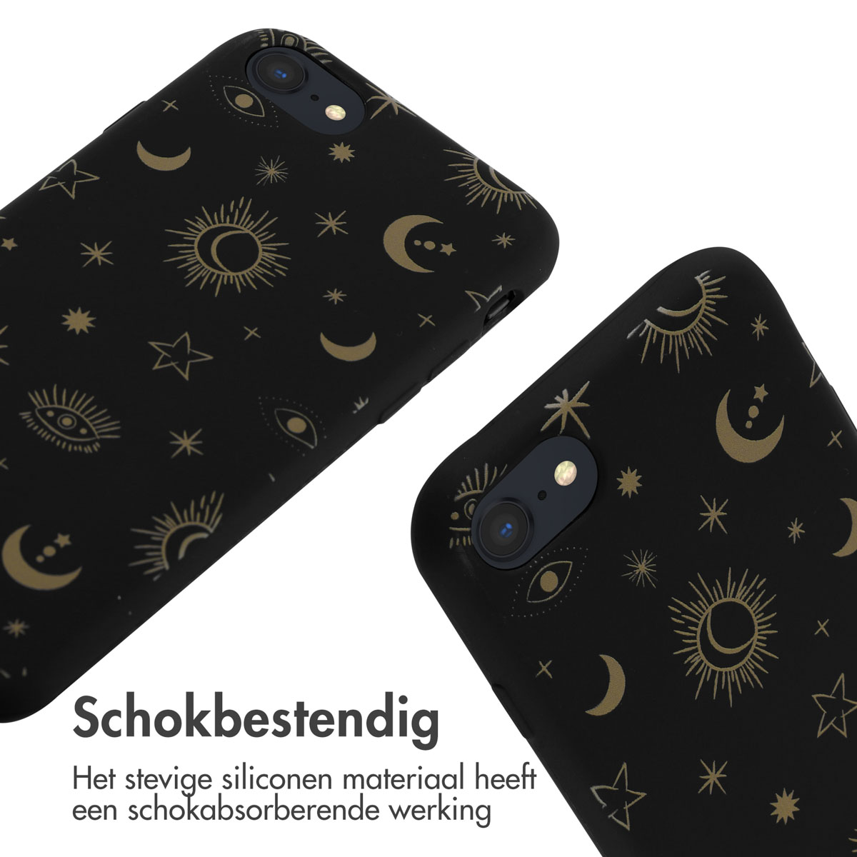 Zwarte telefoonhoesjes met gouden hemels patroon. Tekst: Schokbestendig.