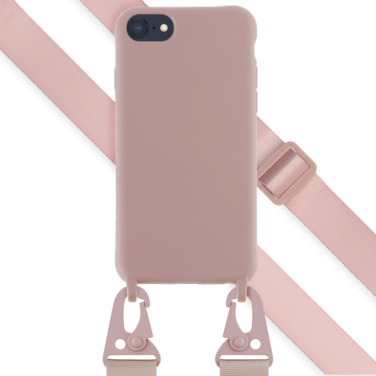 Roze telefoonhoes met een roze band. De telefoon is bevestigd en de hoes ligt op een wit oppervlak.