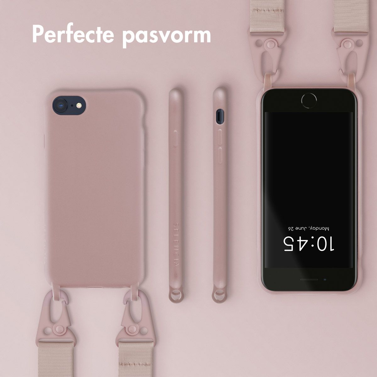 Roze telefoonhoesje met riem en drie delen. Een telefoon met de tijd: 10:45. Tekst: Perfecte pasvorm.