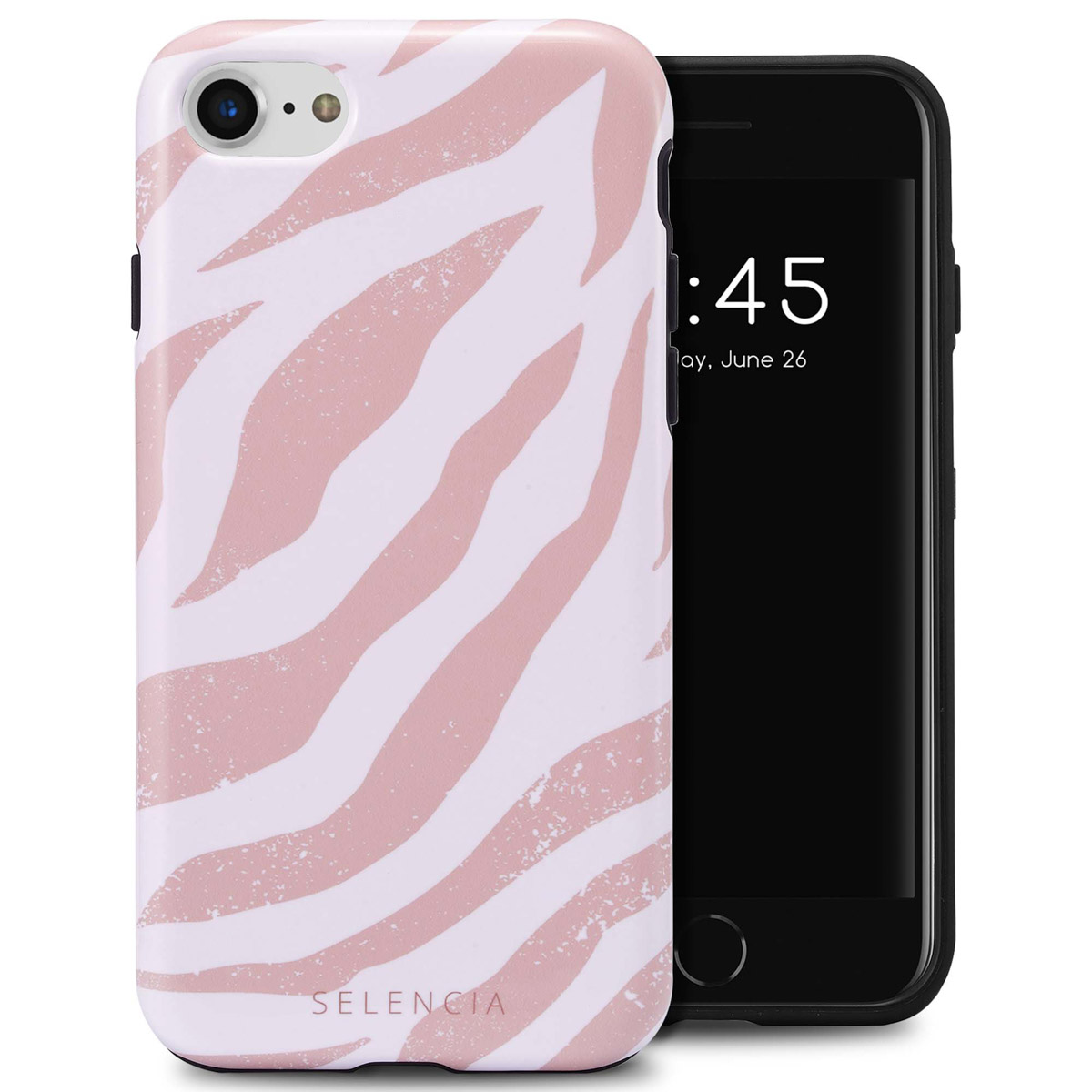 Telefoon met een roze zebraprint hoes. Toont de tijd en het Selencia logo.