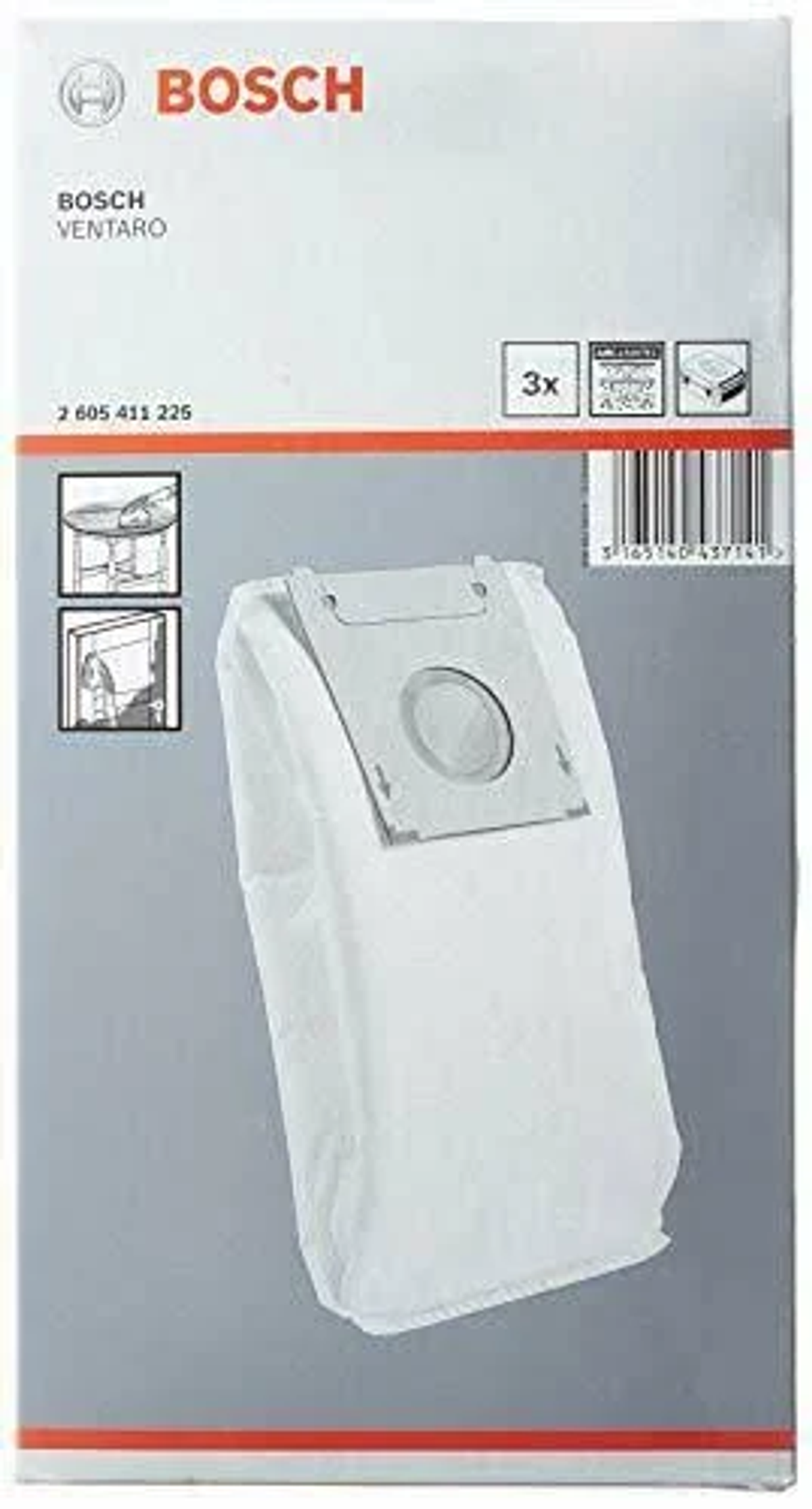 Scatola sacco aspirapolvere Bosch. Scatola bianca con sacco all'interno. Testo e grafica visibili. Sfondo grigio.