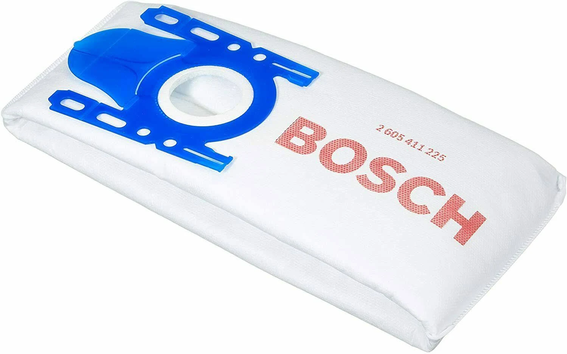 Sacco per aspirapolvere bianco con testo 'BOSCH' rosso e accessori blu su sfondo bianco.
