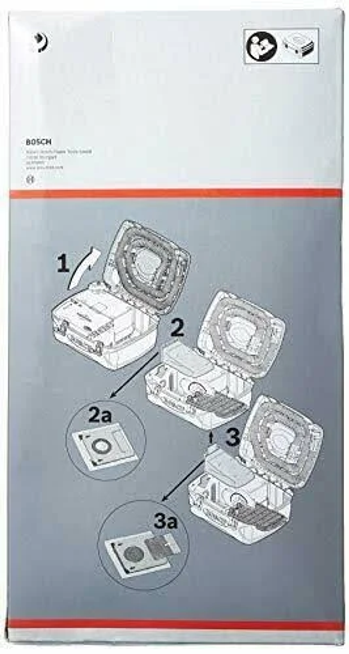 Scatola con diagrammi dei passaggi di sostituzione dei sacchetti per aspirapolvere, che mostrano sacchetti e un dispositivo.