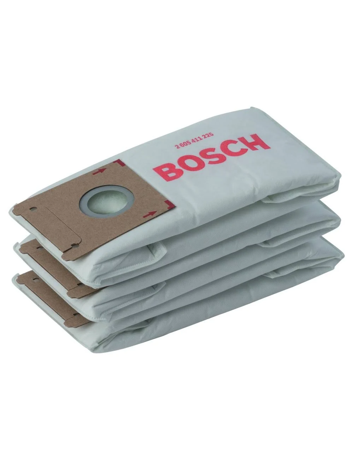 Tre sacchetti per aspirapolvere impilati. Sono bianchi con la parola 'BOSCH' in rosso.