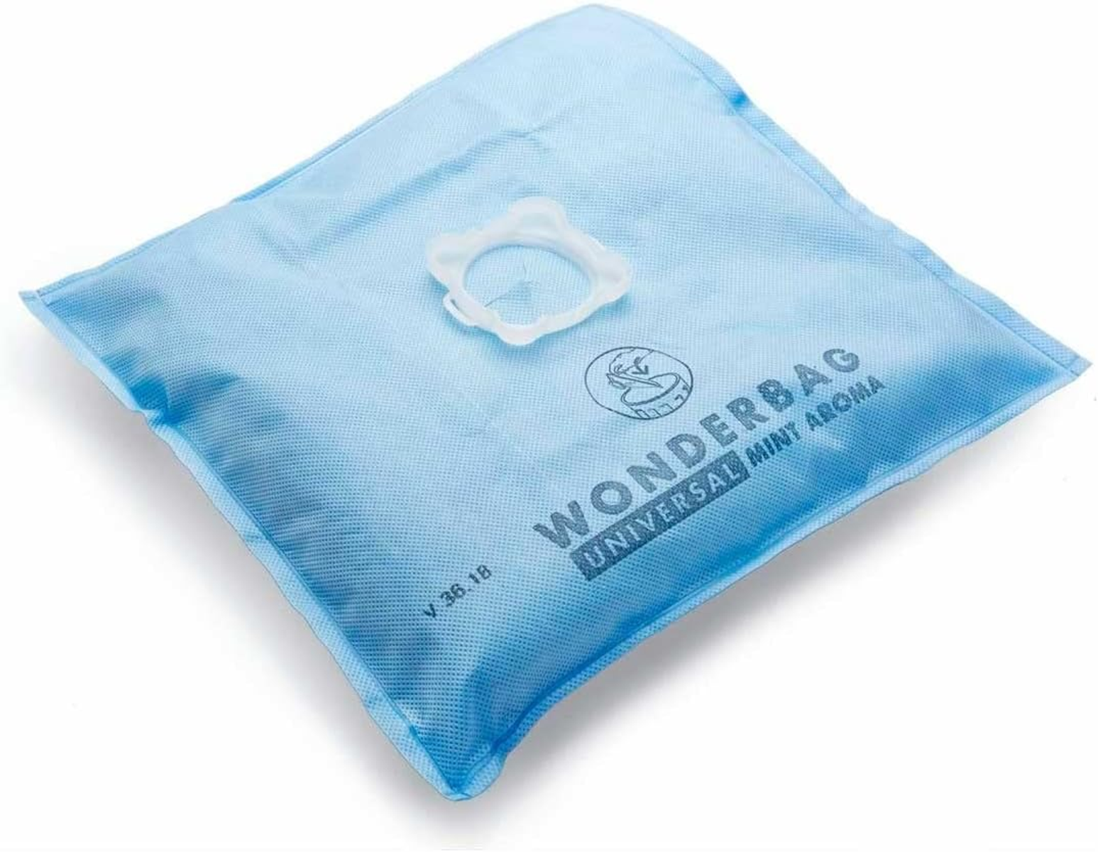 Una bolsa de aspiradora azul claro. Tiene un anillo de plástico blanco y texto.