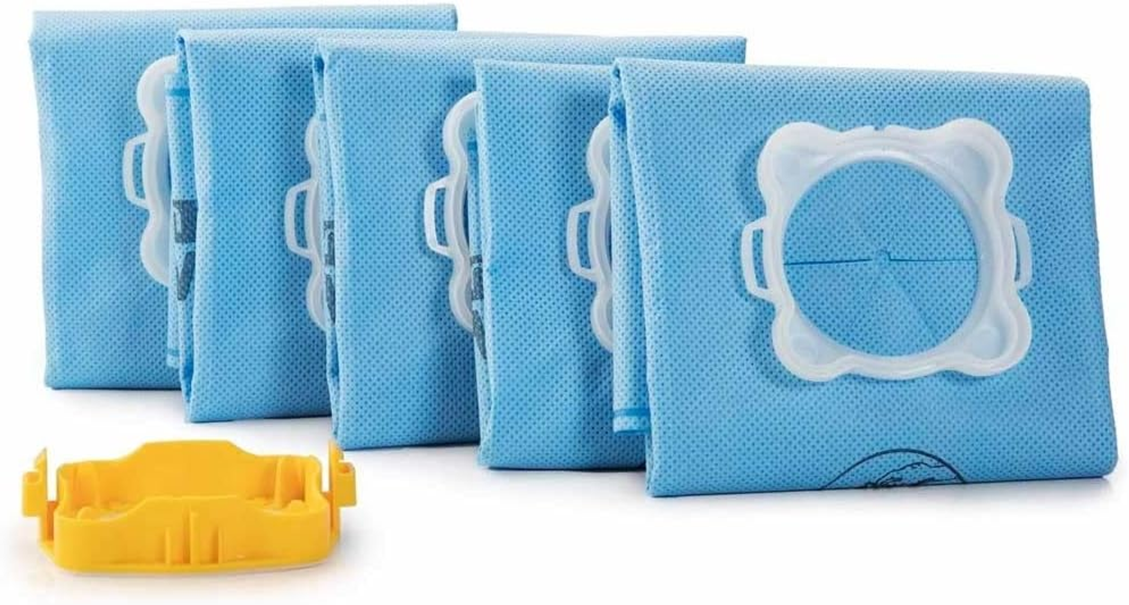 Cinco bolsas de aspiradora azules con cierres de plástico blancos y un marco de plástico amarillo.