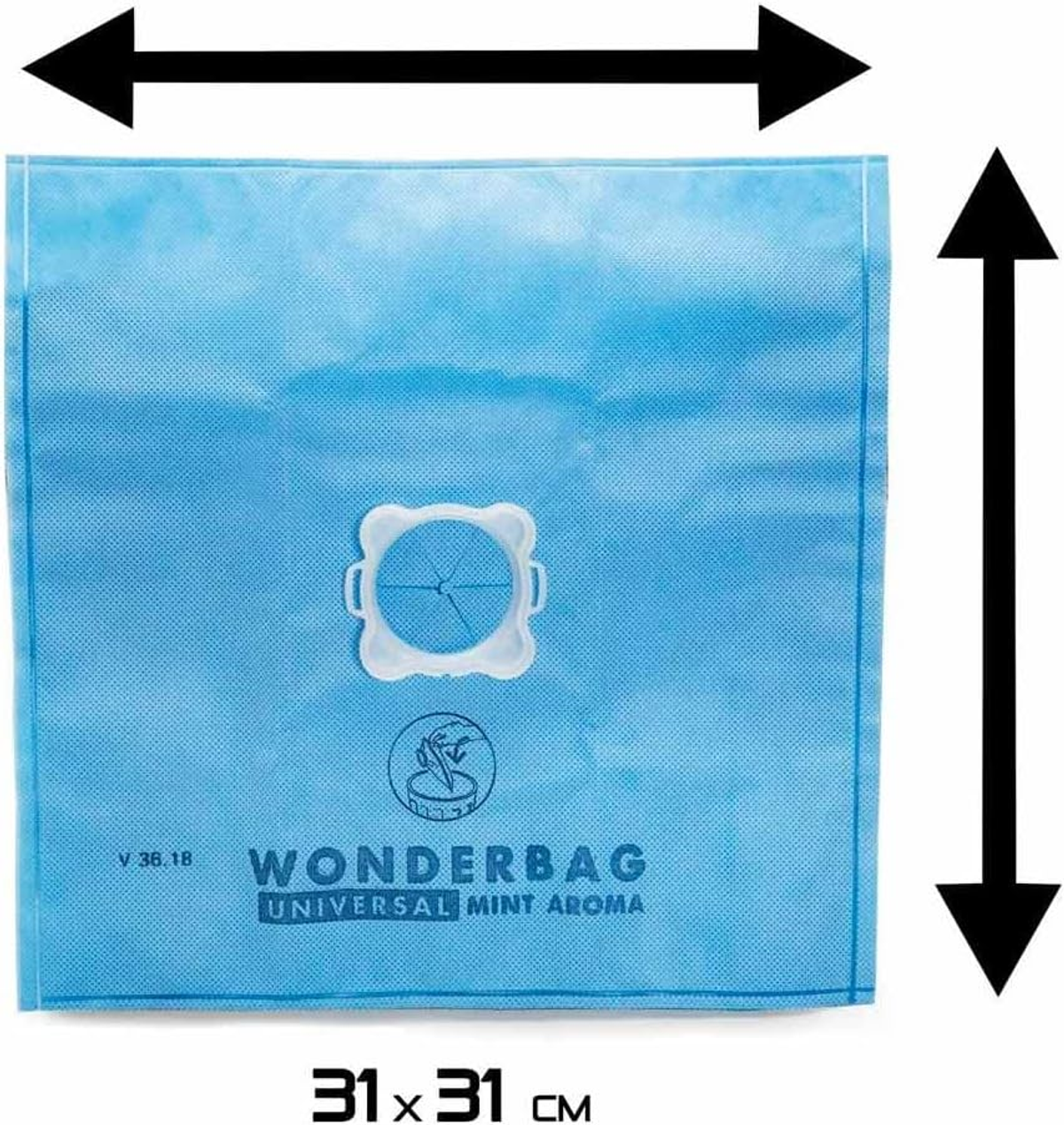 Wonderbag azul con dimensiones. Uso universal, aroma a menta y un sello.