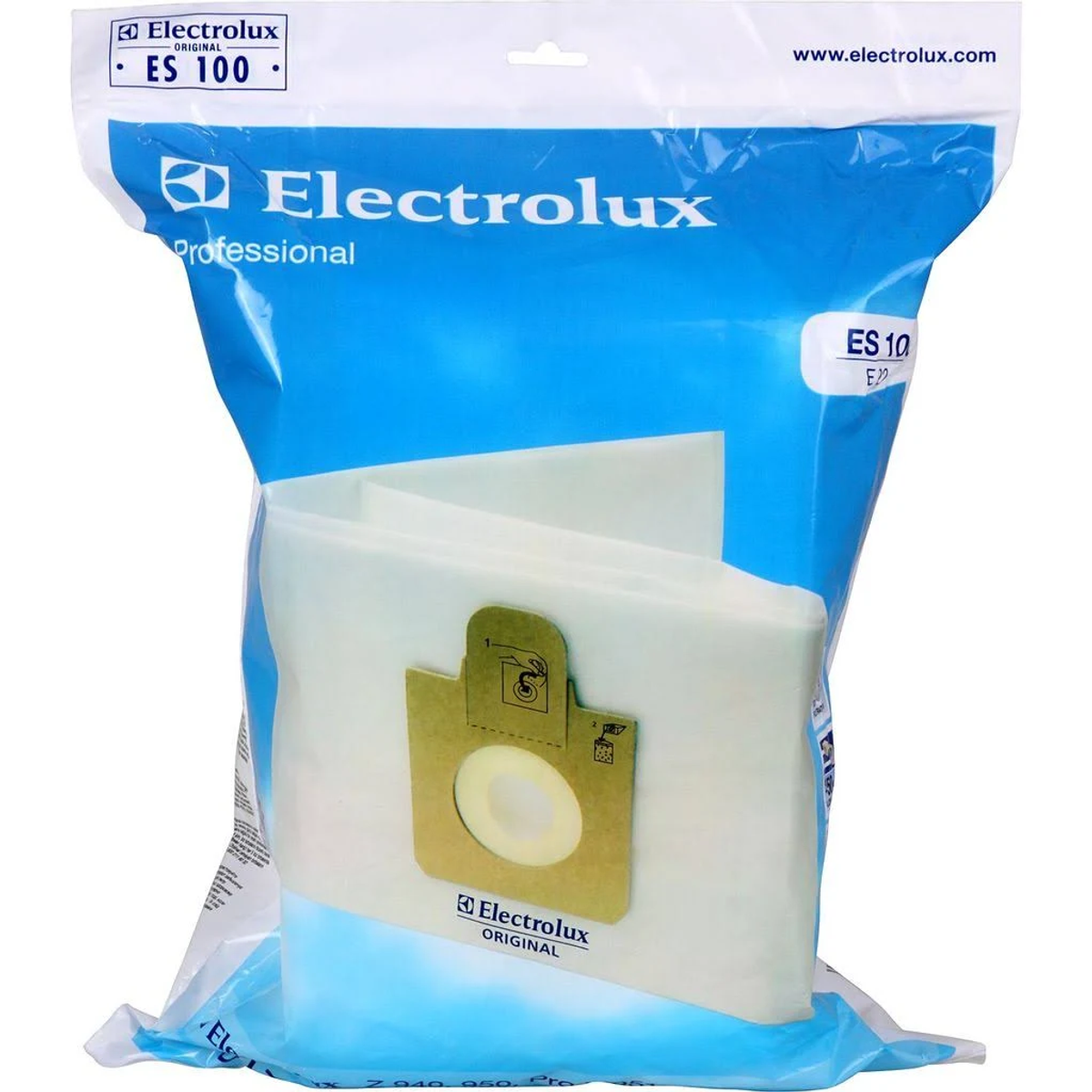 Una bolsa de aspiradora Electrolux azul en una bolsa de plástico transparente.