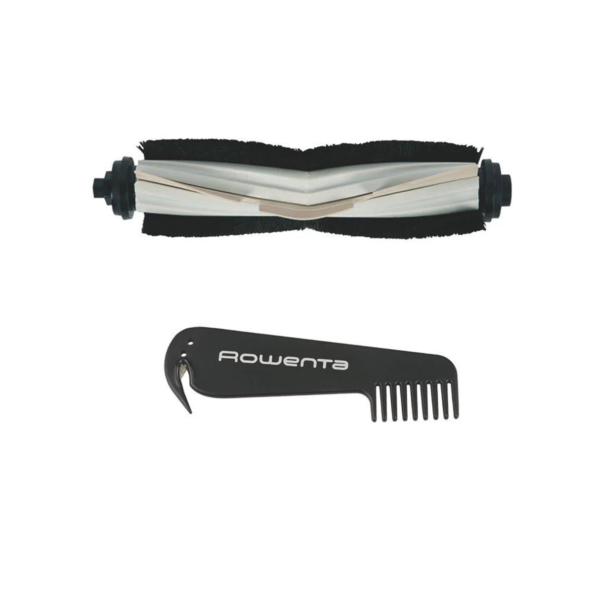Części odkurzacza robota Rowenta. Szczotka rolkowa i mały czarny grzebień. Białe tło.
