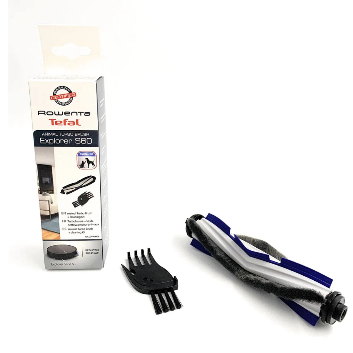 Zestaw czyszczący Rowenta Tefal Animal Turbo Brush. Pudełko, szczotka i narzędzia czyszczące. Białe tło.
