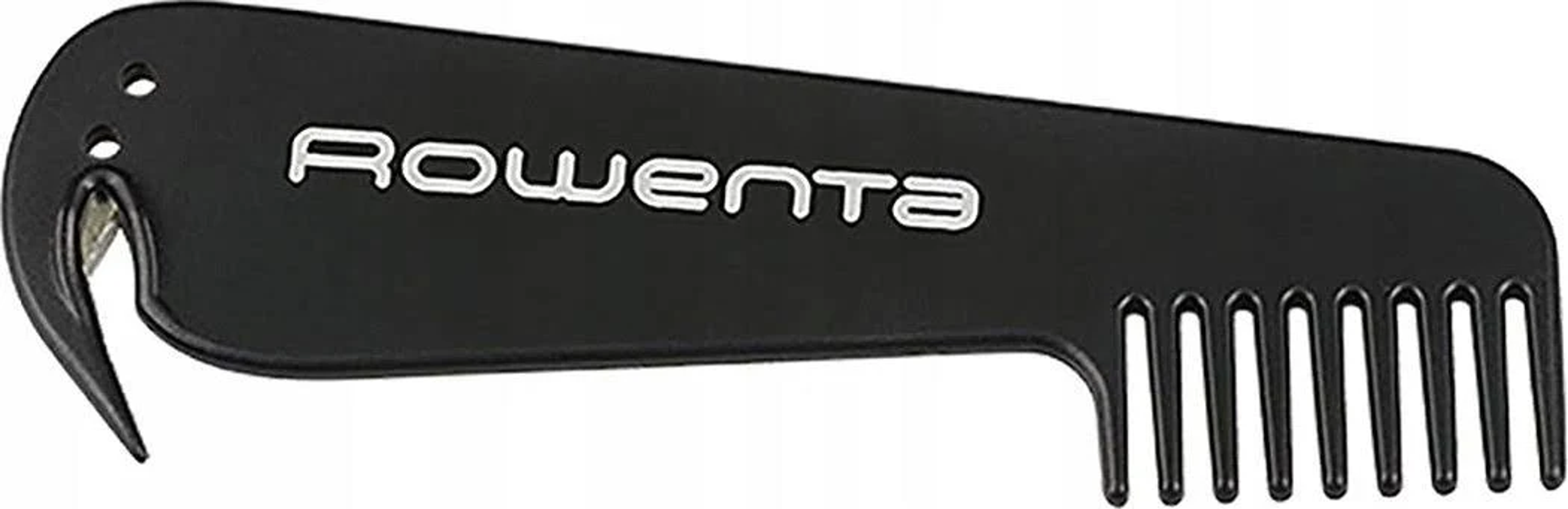 Czarny grzebień Rowenta z hakiem na jednym końcu i zębami grzebienia na drugim.