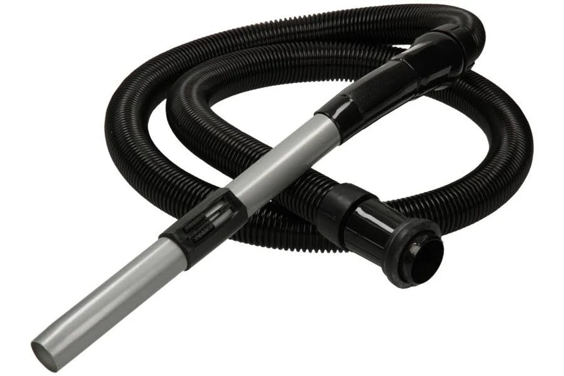 Manguera de aspiradora negra con mango metálico gris extensible, sobre fondo blanco.