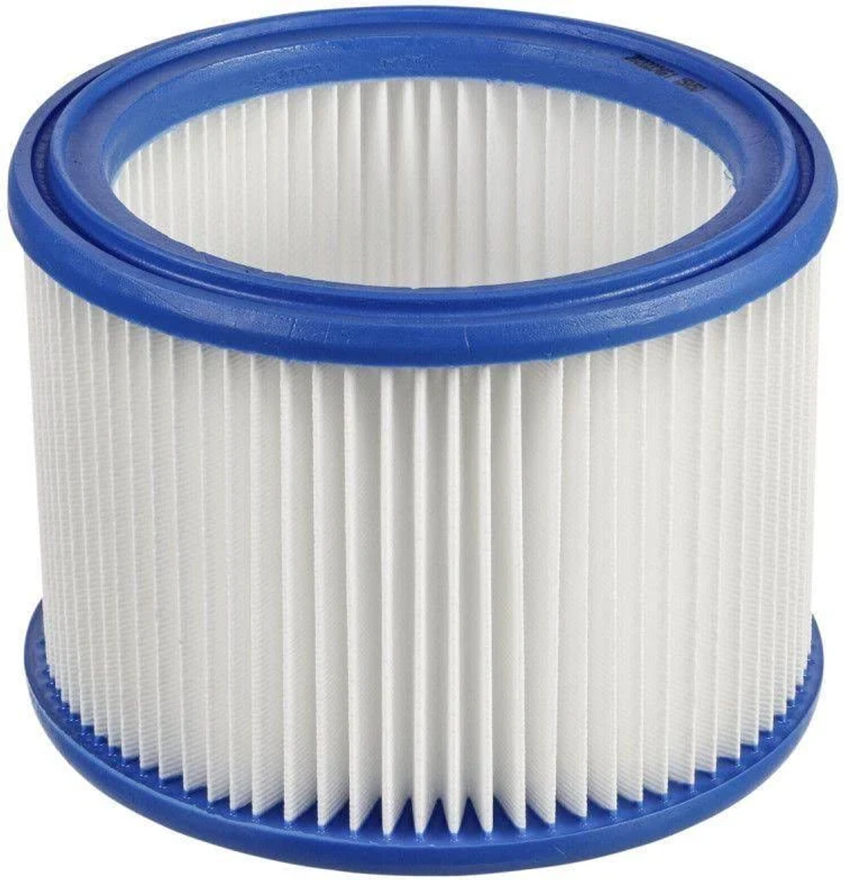 Biało-niebieski filtr do odkurzacza. Ma cylindryczny kształt z niebieską krawędzią.