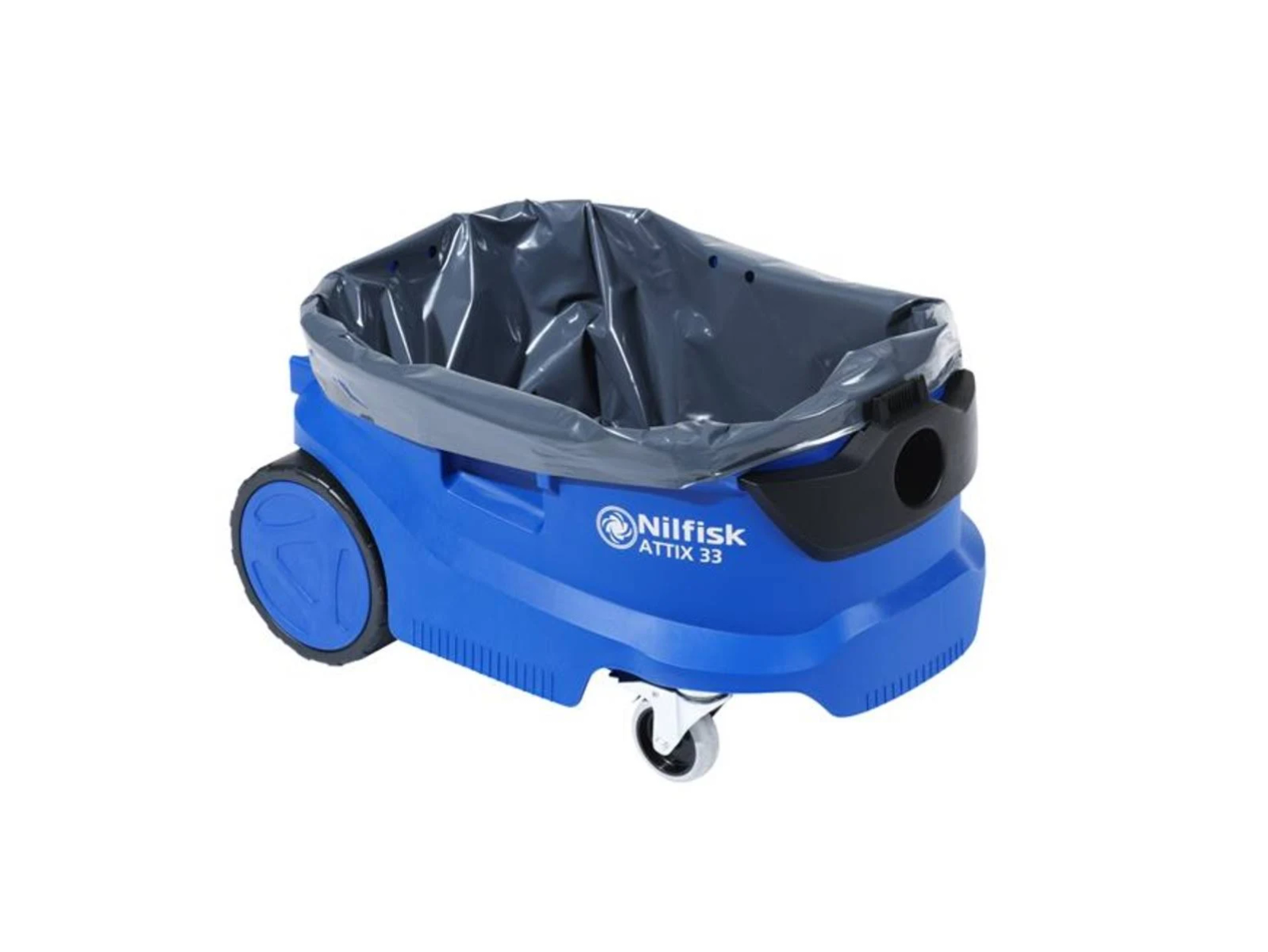 Aspiradora azul Nilfisk ATTIX 33 con bolsa negra y ruedas.