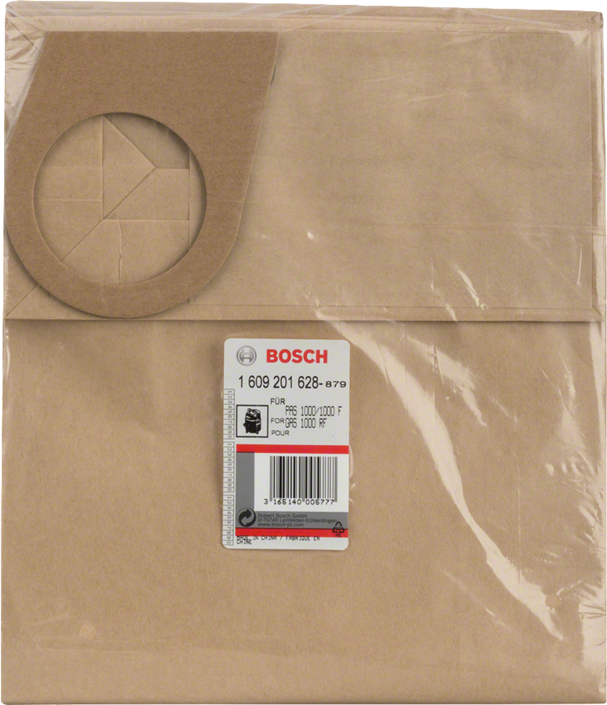 Bolsa de papel marrón con etiqueta Bosch. Contiene un filtro para aspiradora. Sellada en plástico transparente.